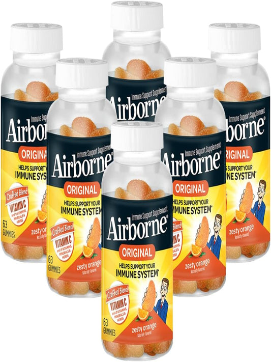 Airborne 750mg Vitamin C Immune Support Supplement Gummies for Adults, Zesty Orange Flavor, Gluten Free Crafted Blend with Powerful Antioxidants Vitamins A C & E, 63 Gummies (6 Pack) Nirvana Guru