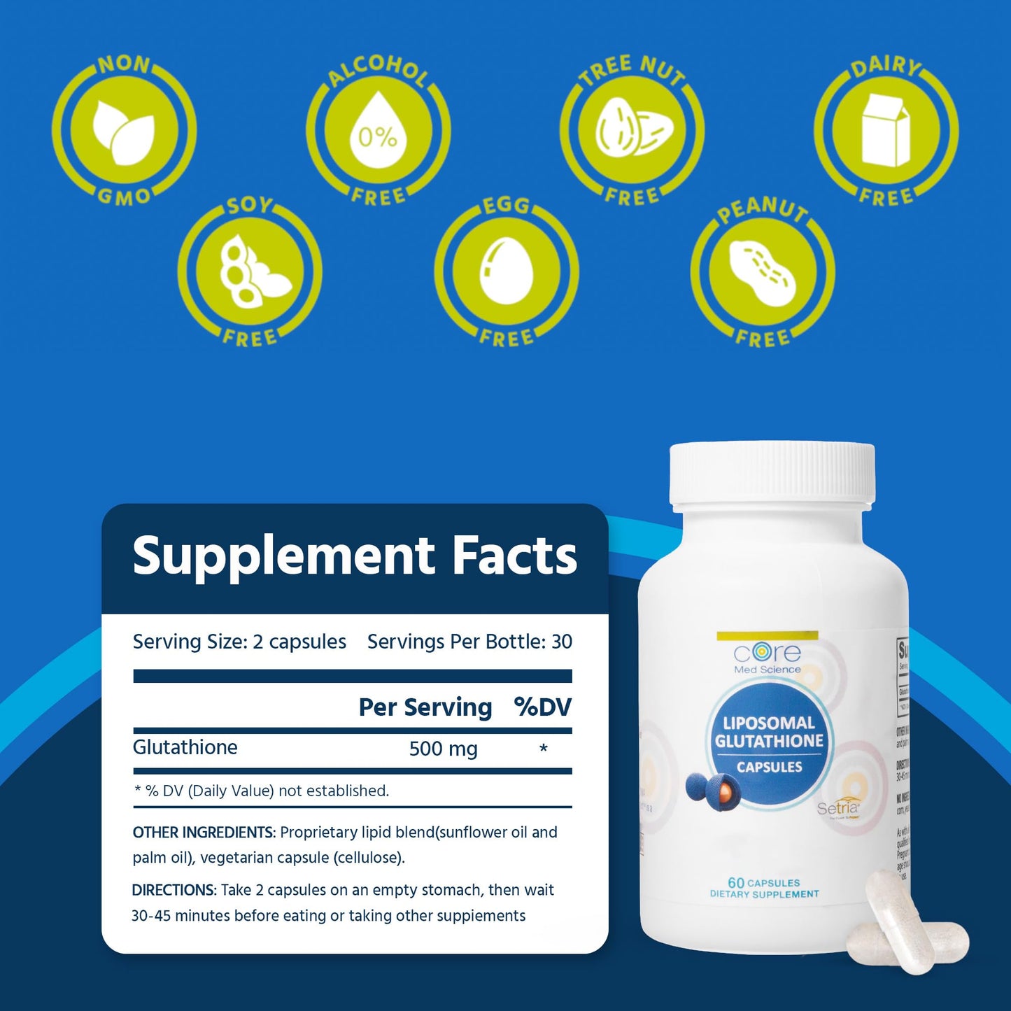 Core Med Science Liposomal Glutathione Supplement (500mg, 60 Softgels) - Pure Reduced Setria with Phospholipid Complex - Antioxidant Supplement for Energy, and Skin Nirvana Guru