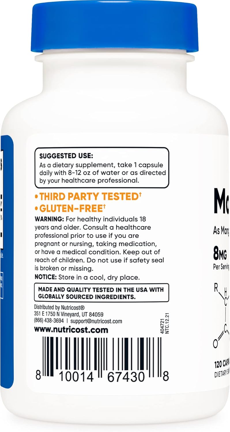 Nutricost Chelated Manganese Supplement 8mg, Amino Acid Chelate, 120 Capsules, 120 Servings - Gluten Free, Non-GMO and Vegetarian Friendly - Nirvana Guru