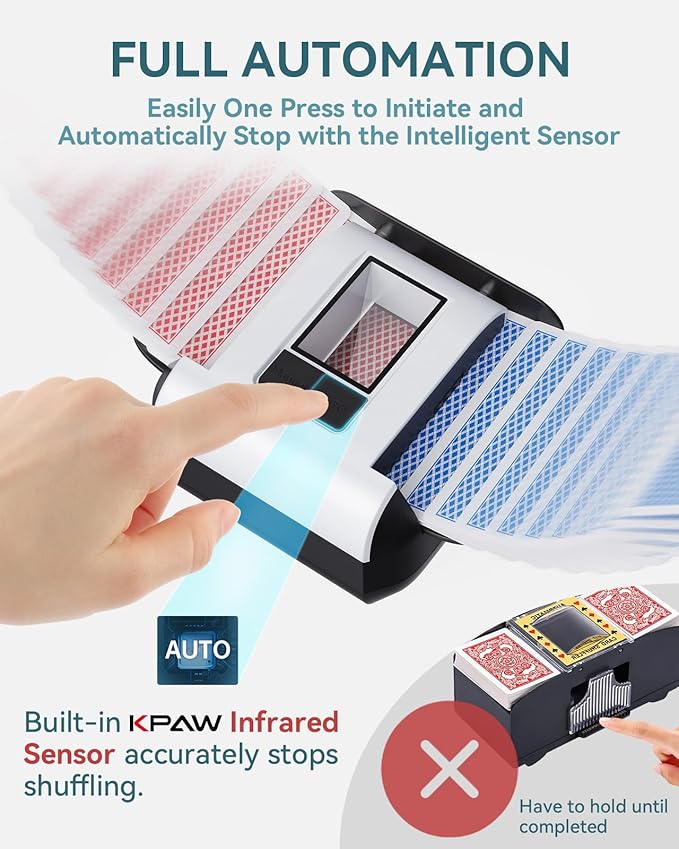 Automatic Card Shuffler - One-Press AUTO & Manual Mode, Electric Shuffling Machine for 1-2 Decks, Low Noise, Rechargeable & Portable Shuffler Machine for Poker, UNO, Blackjack, Skip-Bo, Phase 10 Nirvana Guru
