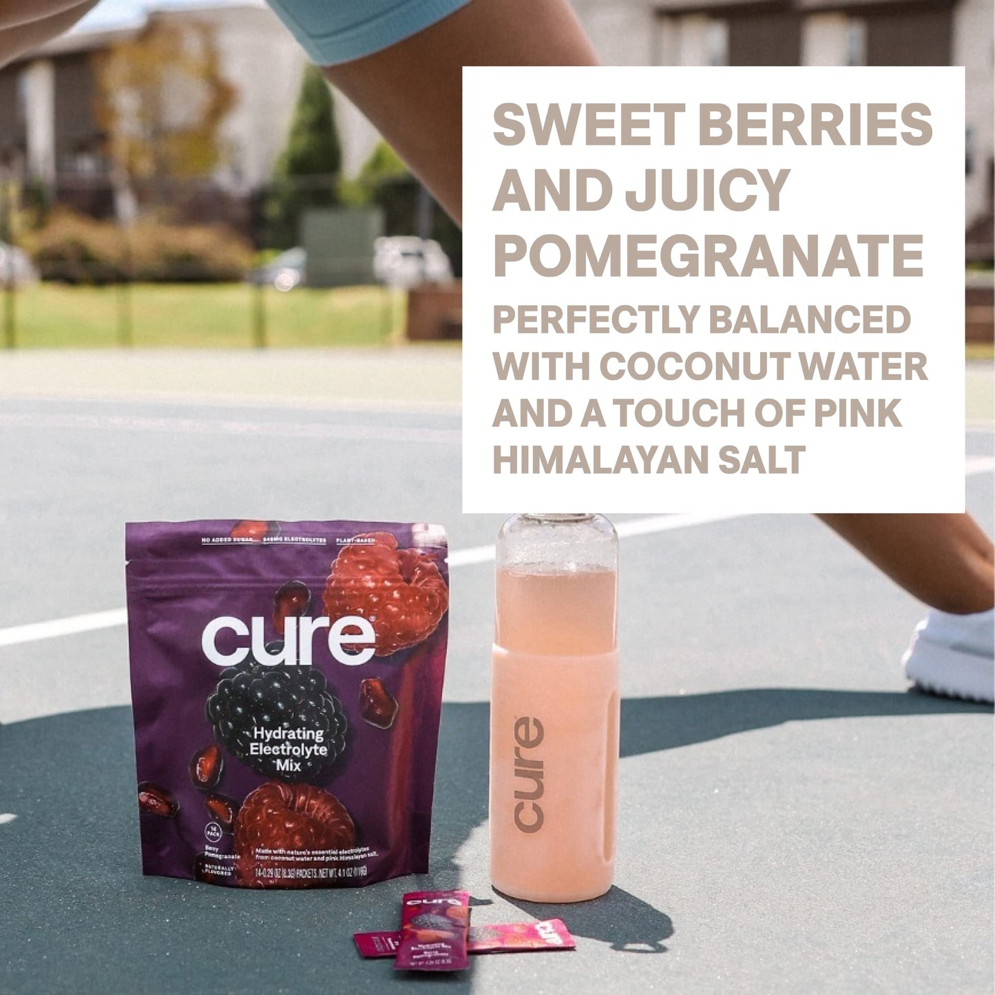 Cure Hydration | Plant-Based Electrolyte Drink Mix | No Added Sugar | FSA & HSA | Dehydration Relief Powder Made with Coconut Water | Non-GMO | Vegan | Pouch of 14 Packets - Berry Pomegranate