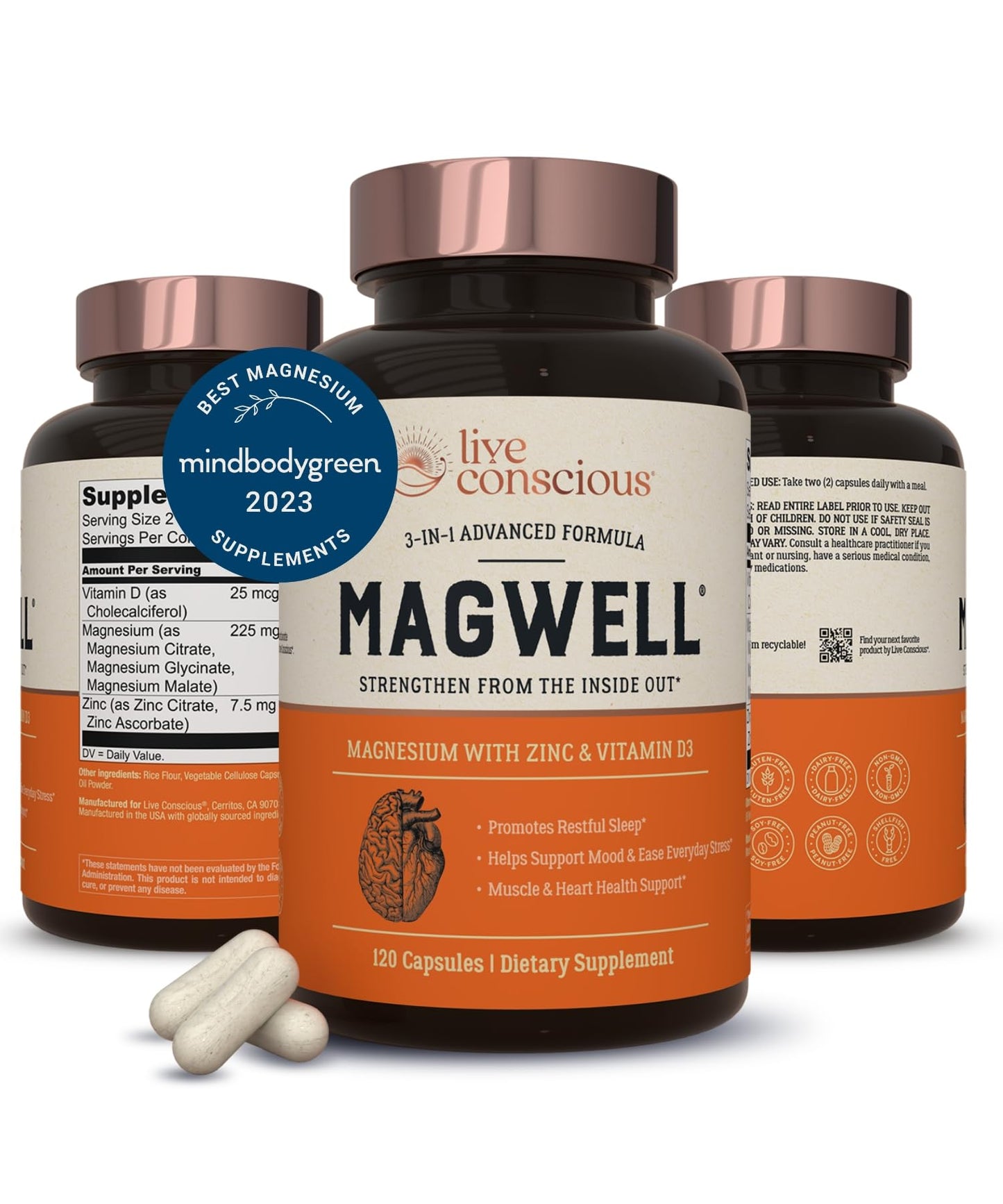 Live Conscious Magwell Magnesium Zinc & Vitamin D3 - Magnesium Glycinate, Malate, & Citrate - Triple Supplement for Women & Men - for Sleep, Bone, Heart, Immune Support - 120 Caps Nirvana Guru