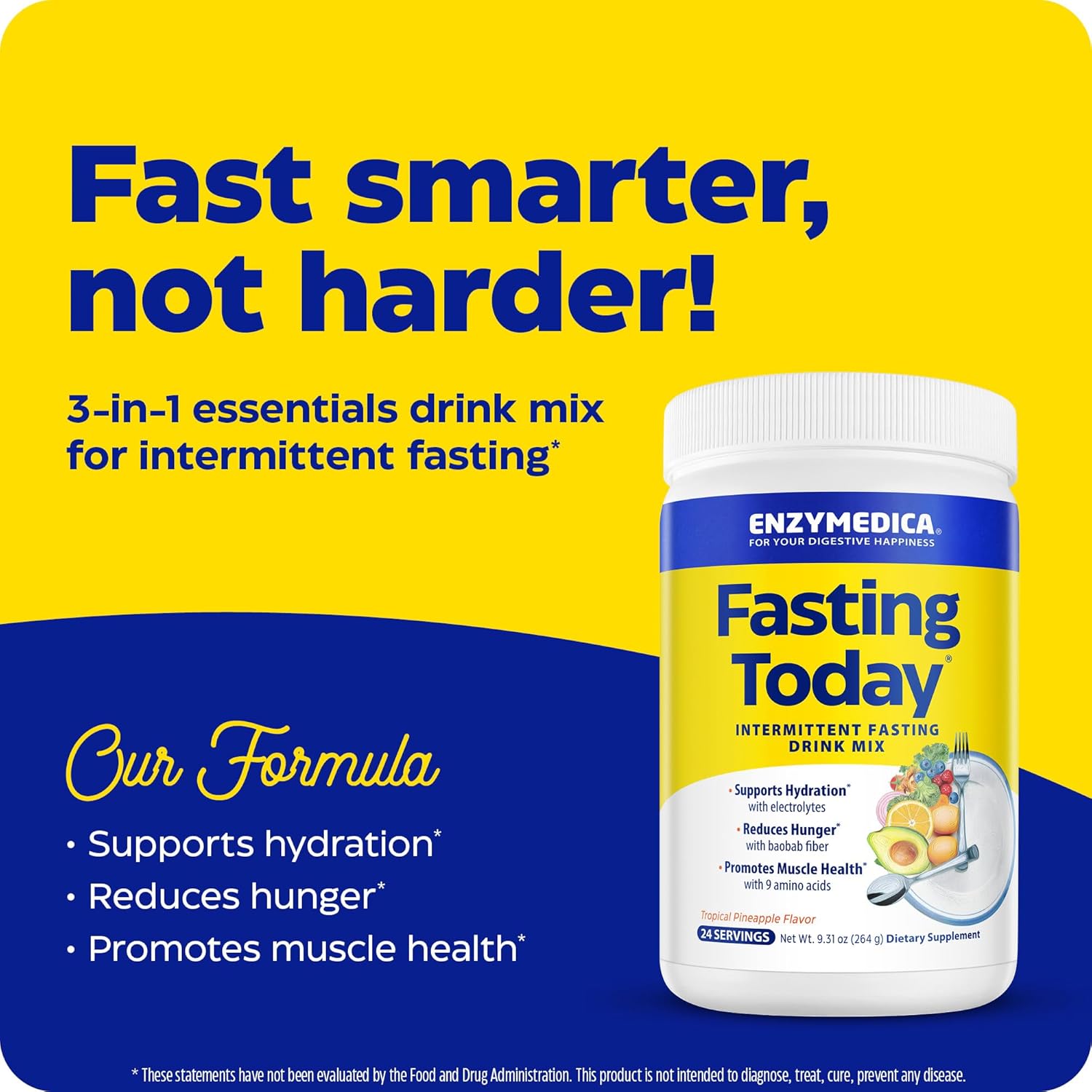 Enzymedica, Fasting Today, Intermittent Fasting Drink Mix with Electrolyte Powder Supplement for Hydration, Appetite and Muscle Health, Keto Friendly, Tropical Pineapple Flavor, 24 Servings - Nirvana Guru