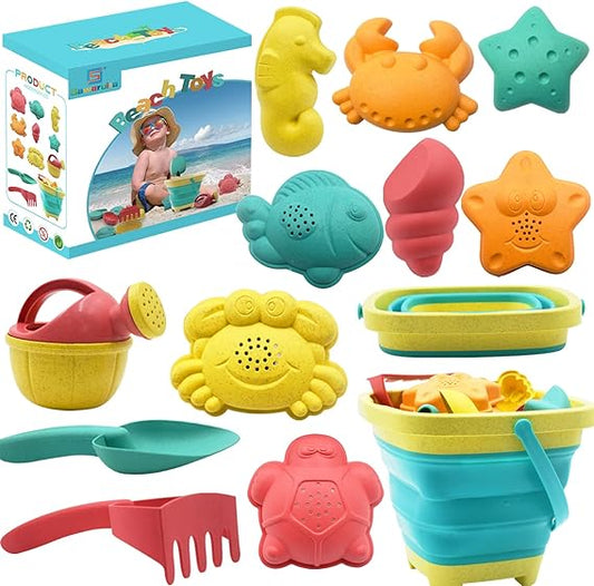 Beach Toys for Kids - Sand Toys Set Includes Collapsible Sand Bucket Shovel and Sand Rake Toy for Beach 12 PCS, Sandbox Toys Sandcastle Building Kit (A) nirvanaguru