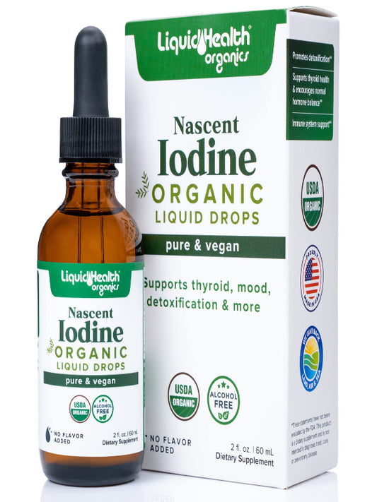 LIQUIDHEALTH USDA Organic Nascent Iodine Liquid Drops, Pure Iodine Supplement for Thyroid & Immune Support, Energy Supplement - Made in USA, Vegan, Colorless, Tasteless Tincture (2 oz) Nirvana Guru