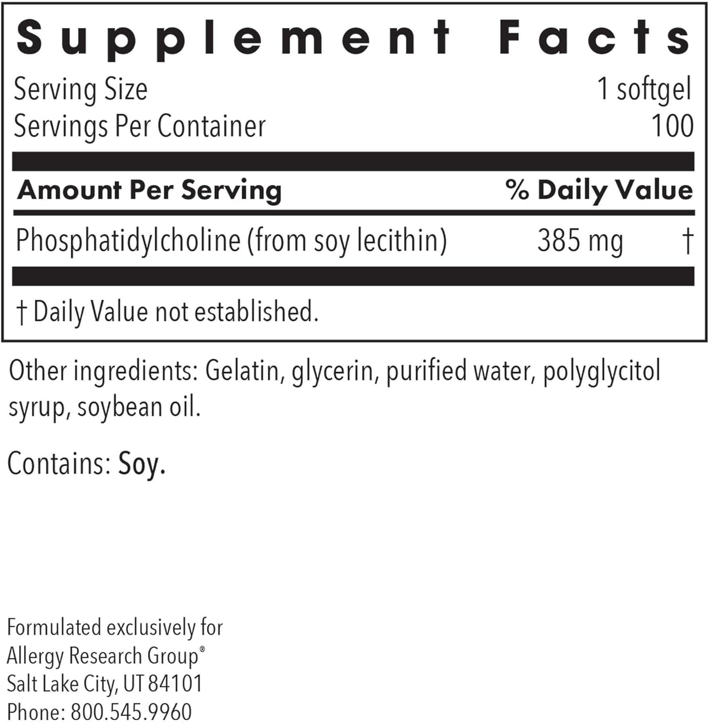Allergy Research Group Phosphatidyl Choline Supplement - Lecithin Capsules, Digestive Enzymes for Liver, Fat Digestion Support, Choline Supplements for Fatty Liver, 1540mg Softgels - 100 Count Nirvana Guru
