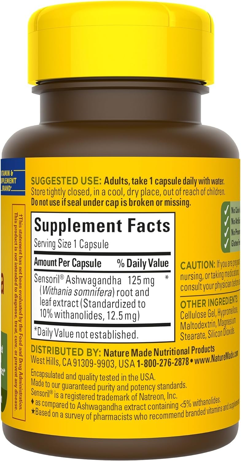 Nature Made Ashwagandha Capsules 125mg for Stress Support, 60 Capsules, 60 Day Supply - Nirvana Guru