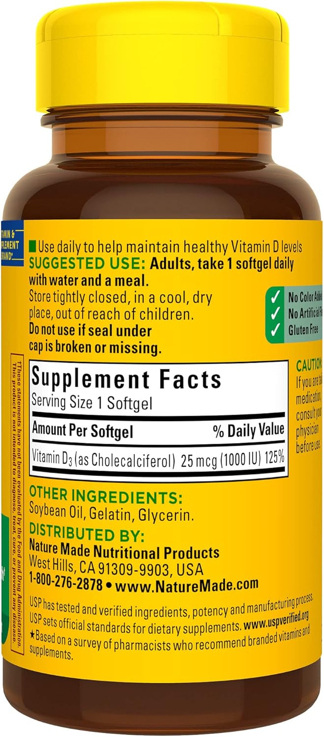 Nature Made Vitamin D3 1000 IU (25 mcg), Dietary Supplement for Bone, Teeth, Muscle and Immune Health Support, 300 Softgels, 300 Day Supply - Nirvana Guru