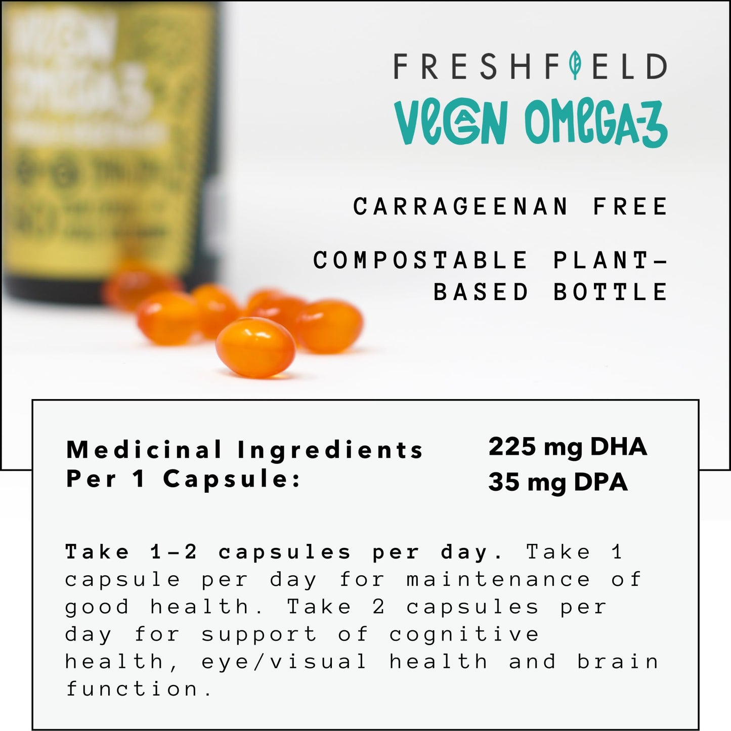 Freshfield Vegan Omega 3 DHA: Algae Oil, Most Reviewed, Carrageenan Free, Sustainably Sourced, Tested, No Heavy Metals, Fish Oil Alt, Plant Based Omega. Supports Heart, Brain, Joint Health w/DPA Nirvana Guru
