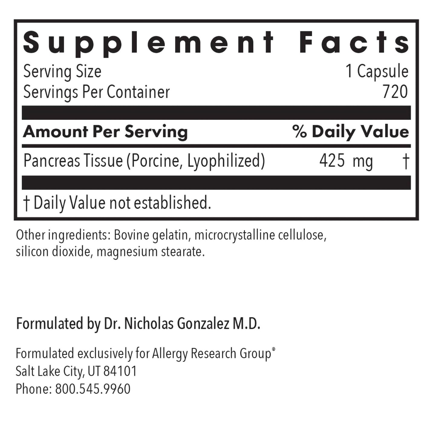 Allergy Research Group Pancreas Supplement - Pancreatic Enzymes for Women and Men, Digestive Pork Pancreas Powder Capsules, Healthy Digestion Support - 720 Capsules Nirvana Guru