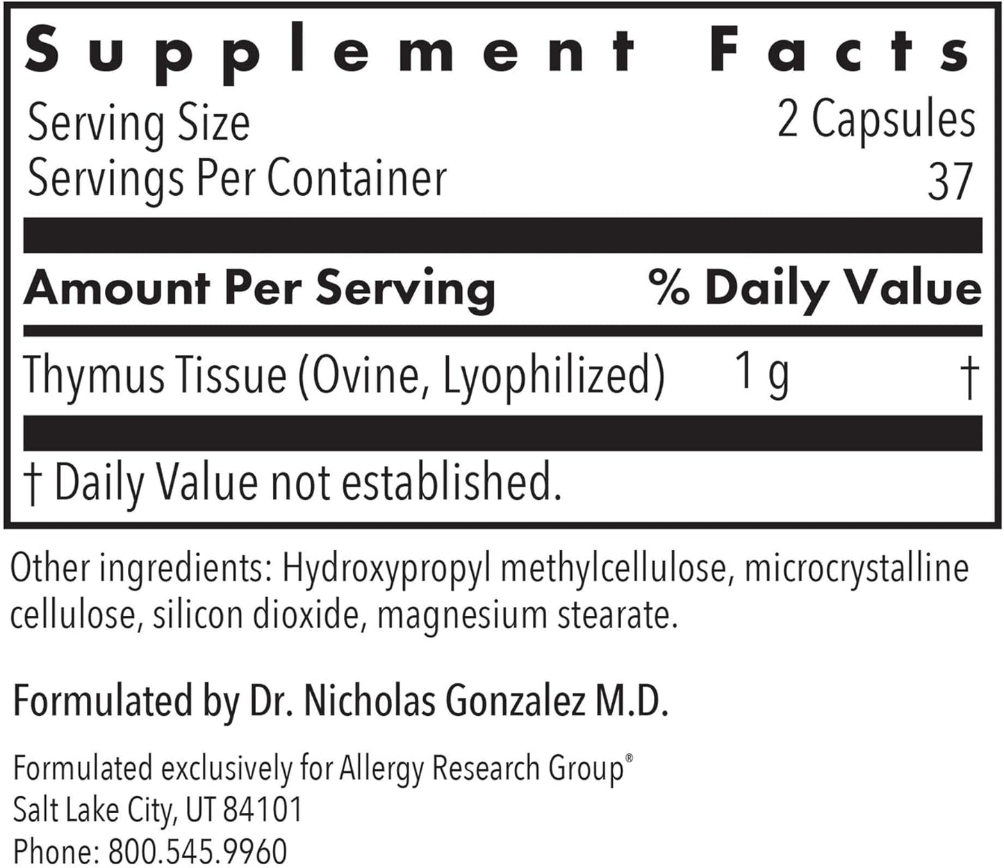 Allergy Research Group Thymus Supplement - Thymus Tissue, Glandular Extract, 1000mg Raw Thymus Glandular, Ovine, Lyophilized, Hypoallergenic - 75 Count Nirvana Guru