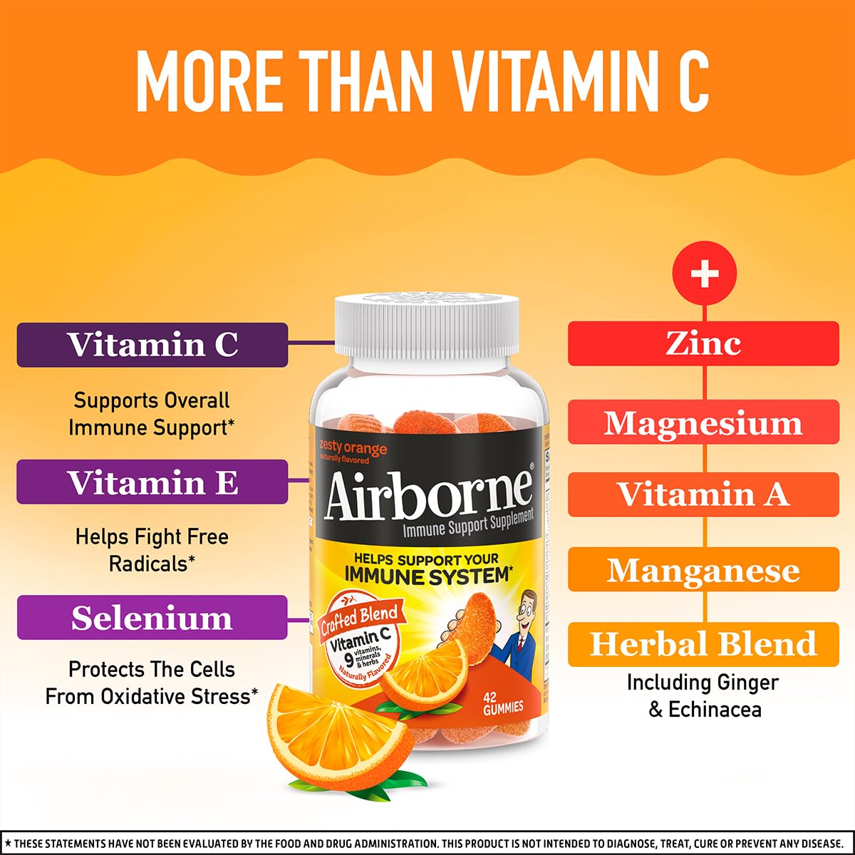 Airborne 750mg Vitamin C Immune Support Supplement Gummies for Adults, Zesty Orange Flavor, Gluten Free Crafted Blend with Powerful Antioxidants Vitamins C & E, 42 Gummies (2 Pack) Nirvana Guru