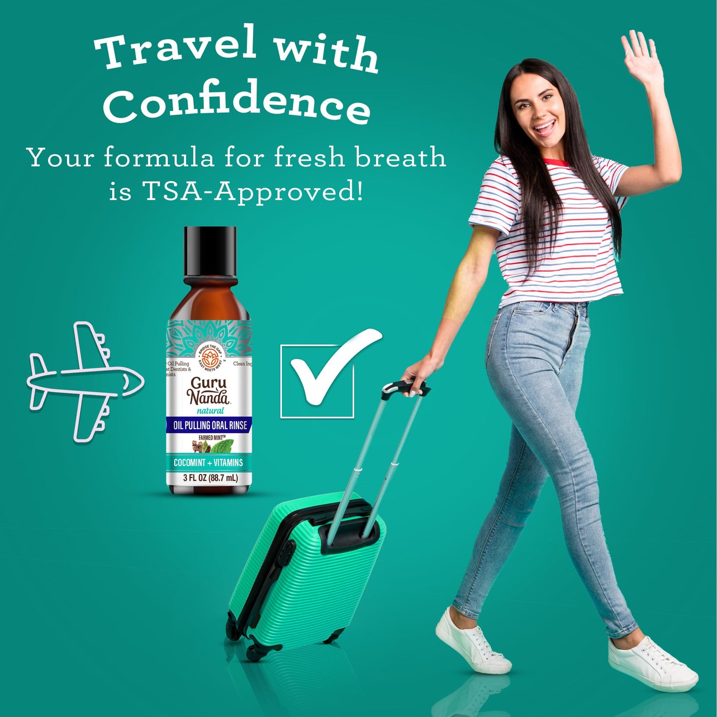 GuruNanda Travel Size CocoMint Oil Pulling Mouthwash, 7 Essential Oils & Vitamins, Promotes Fresh Breath & Happy Gums, No Alcohol & Fluoride, 3 oz Nirvana Guru