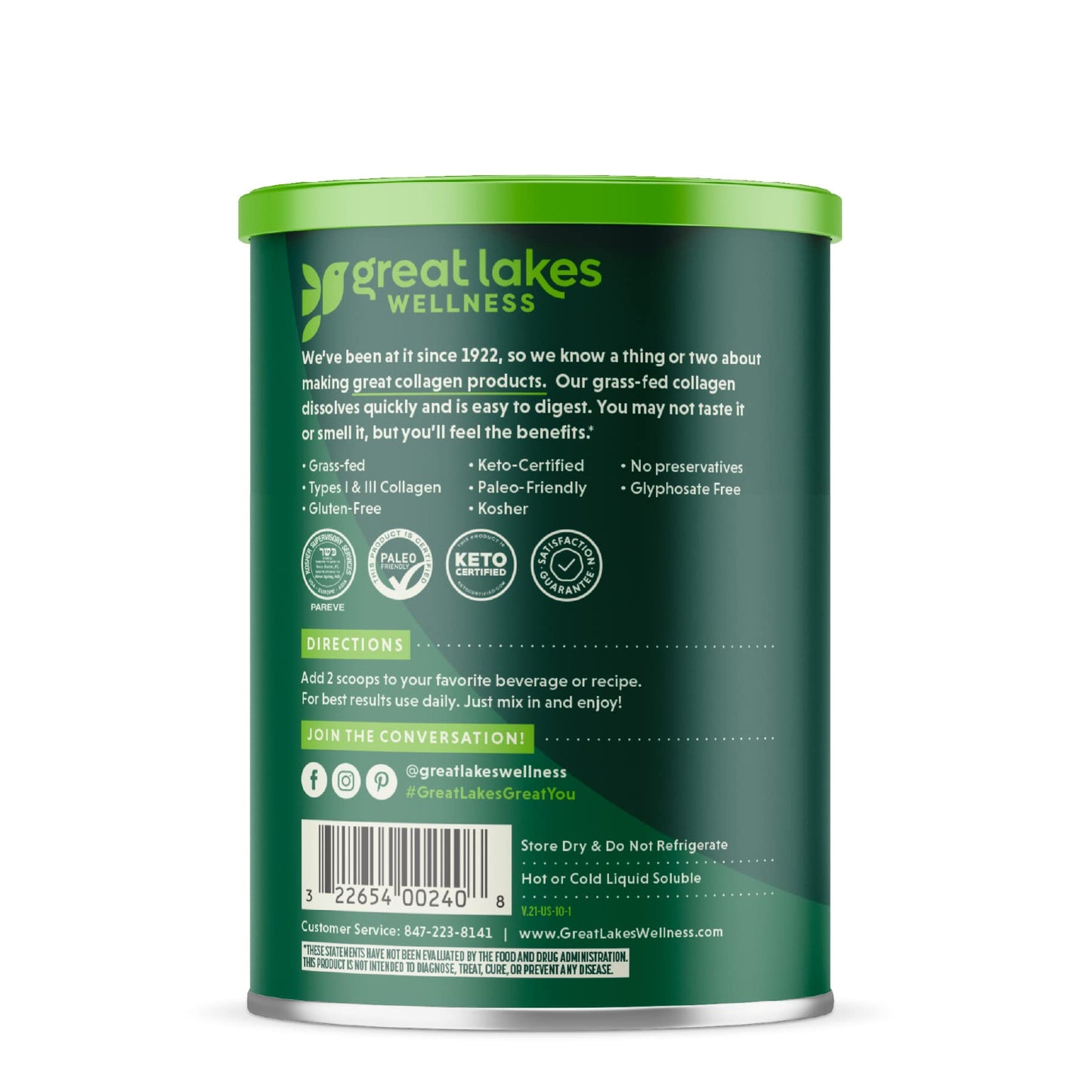 Great Lakes Wellness Collagen Peptides Powder for Skin, Hair, Nails, Joints & Digestion - Unflavored - Quick Dissolve Hydrolyzed, Non-GMO, Keto, Kosher - 16oz