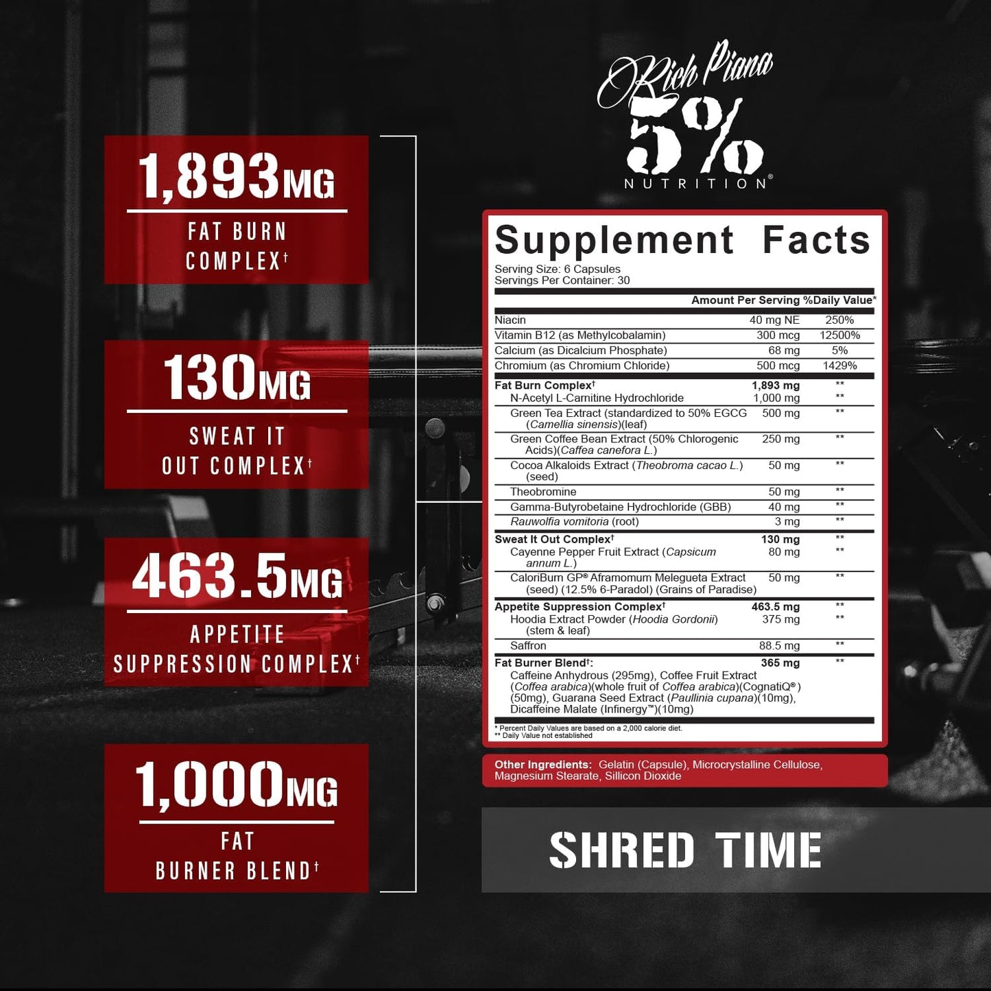 5% Nutrition Shred Time Fat Burner | Green Tea, Coffee Bean, Cayenne, Theobromine, GBB | Appetite Suppression | 30 Servings (180 Capsules) Nirvana Guru