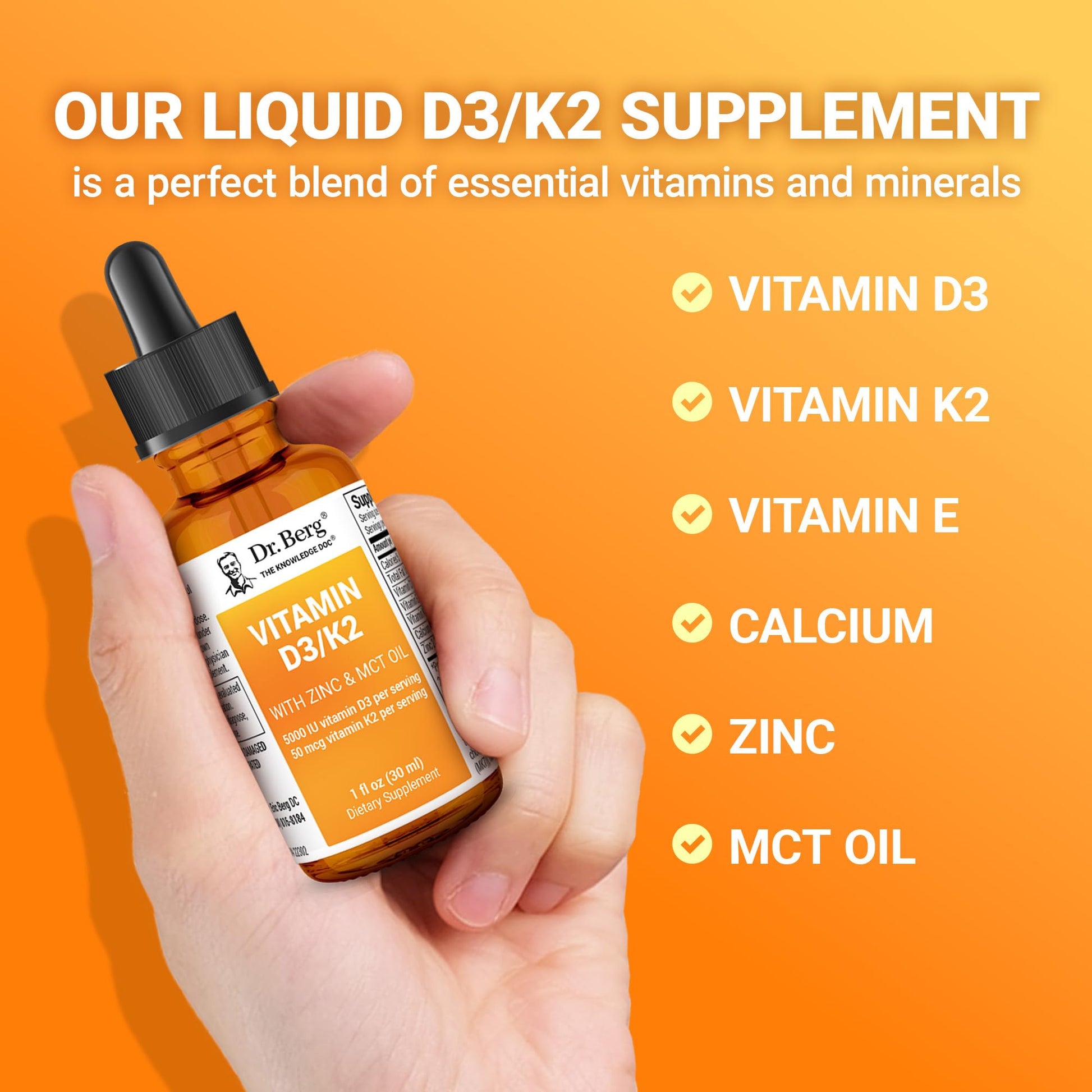 Dr. Berg Liquid Vitamin D3 & K2 Supplement with Zinc - for Bone, Teeth, Mood & Immune Health* - Vitamin D3 & K2 Drops for Adults - 1 fl oz - Nirvana Guru