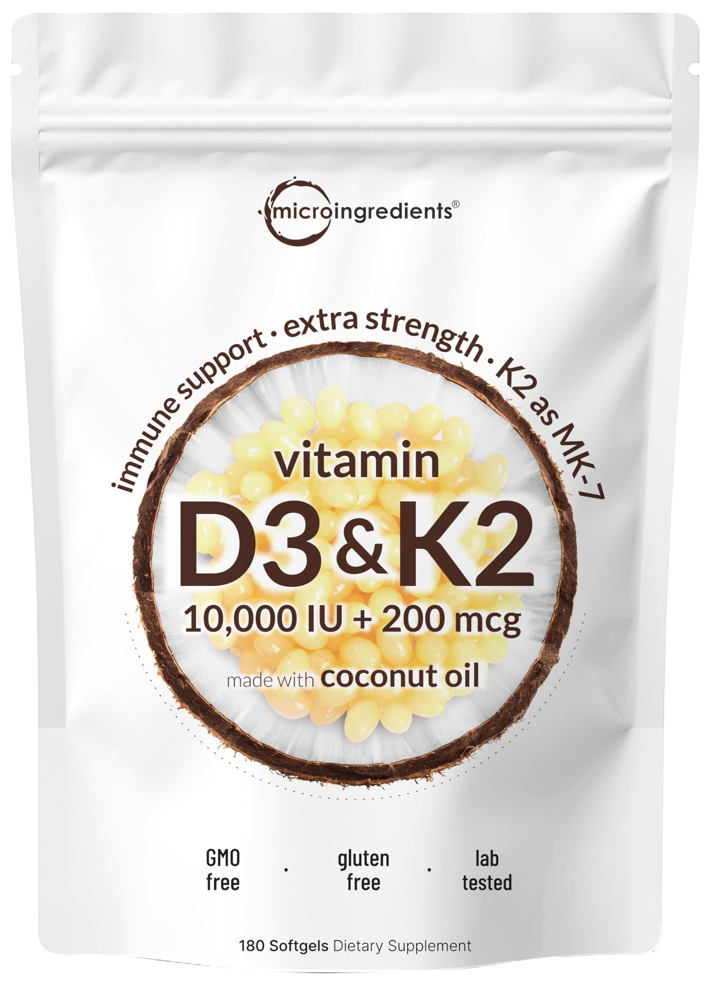 Micro Ingredients Vitamin D3 10,000 IU + K2 MK-7 200 mcg, 300 Softgels | Virgin Coconut Oil | 2-in-1 Bone, Immune & Heart Support | Easy to Swallow, Non-GMO