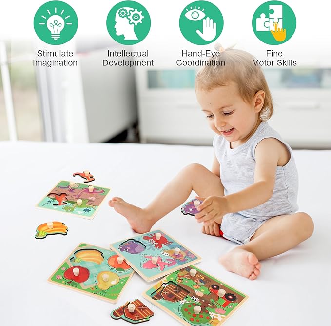 Wooden Peg Puzzles for Toddlers 1-3, Kids' Educational Preschool Peg Puzzle Toy, Set of 4 Toddler Puzzles - Farm, Dinosaur, Fruit and Marine Animals, Ideal Gift for Ages 1 2 3 Boys and Girls nirvanaguru