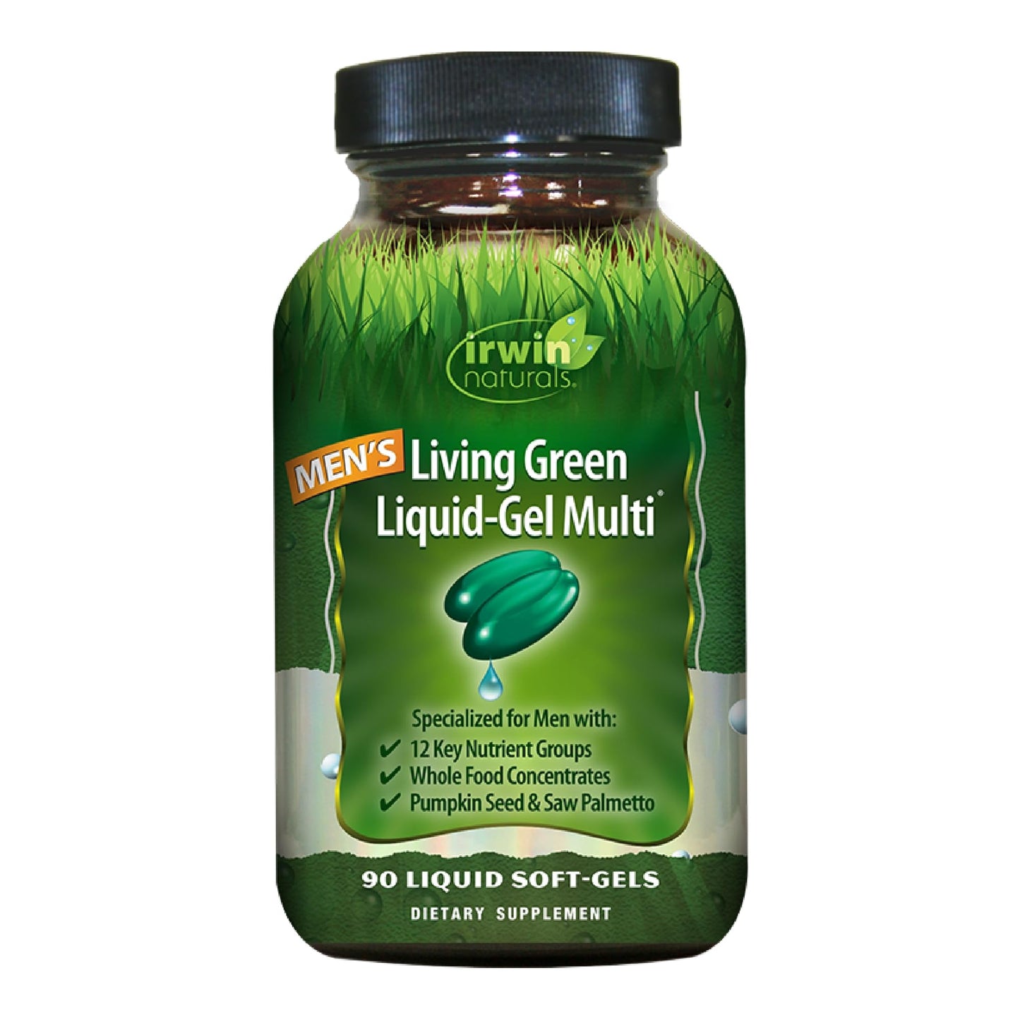 Irwin Naturals Men's Living Green Liquid-Gel Multi - 70 Essential Nutrients, Full-Spectrum Vitamins, Wholefood Blend - Targeted Adrenal & Brain Support - 120 Liquid Softgels - Nirvana Guru