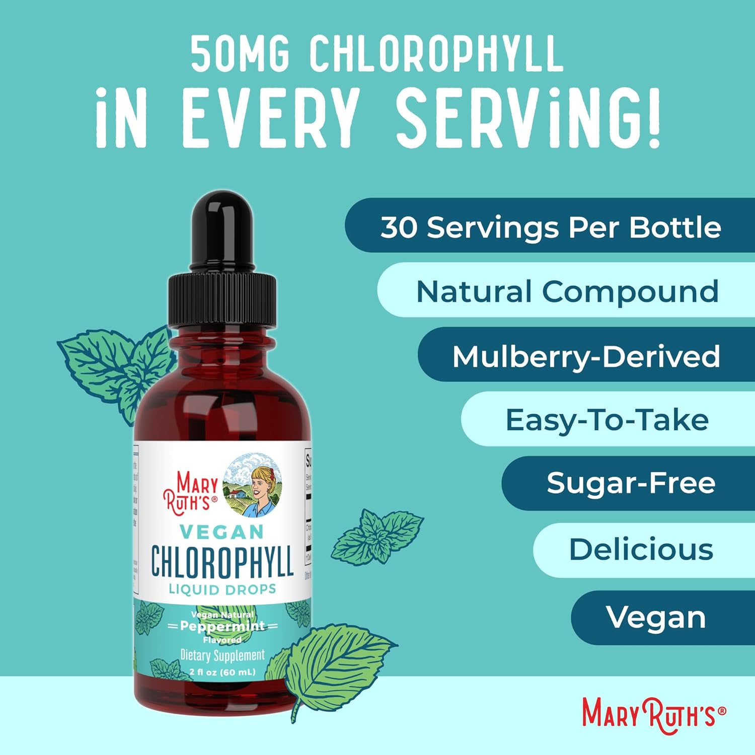 MaryRuth's Chlorophyll Liquid Drops | Clean Label Project Certified® | Vegan | Non-Diluted Liquid Chlorophyll| Mulberry Derived Supplement for Ages 14+ | Non-GMO | Delicious Minty Flavor | 2 Fl Oz - Nirvana Guru