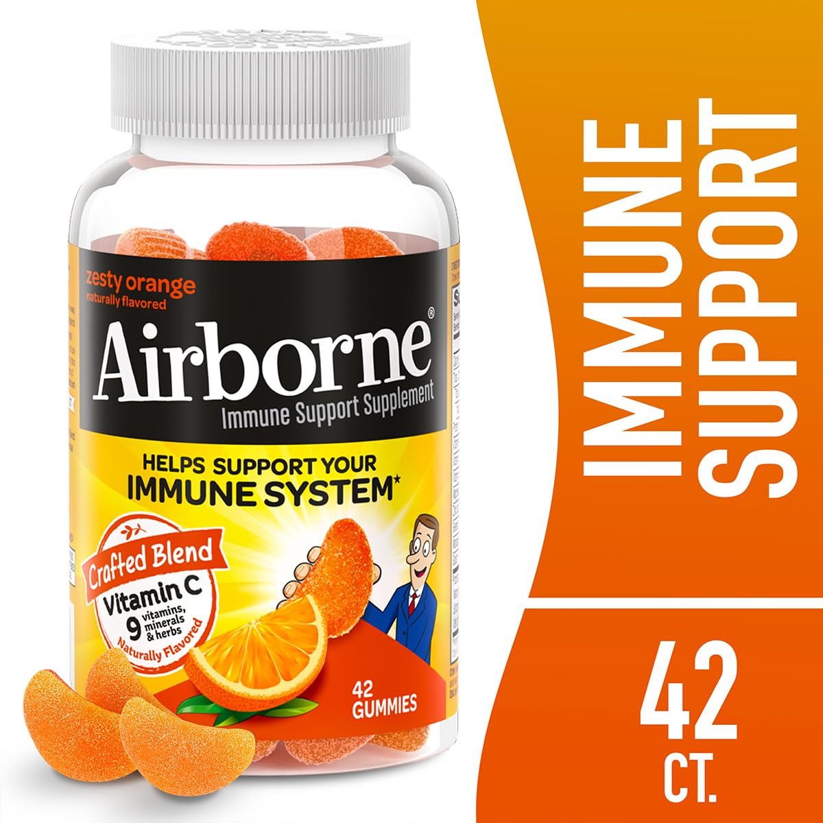 Airborne 750mg Vitamin C Immune Support Supplement Gummies for Adults, Zesty Orange Flavor, Gluten Free Crafted Blend with Powerful Antioxidants Vitamins C & E, 42 Gummies (2 Pack) Nirvana Guru