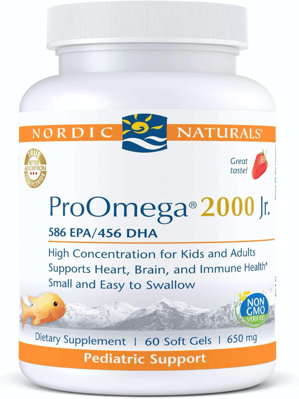 Nordic Naturals ProOmega 2000 Jr., Strawberry Flavor - 60 Soft Gels - 1120 mg Omega-3 - Ultra Potent Fish Oil - EPA & DHA - Promotes Brain, Heart, & Immune Health - Non-GMO - 30 Servings - Nirvana Guru