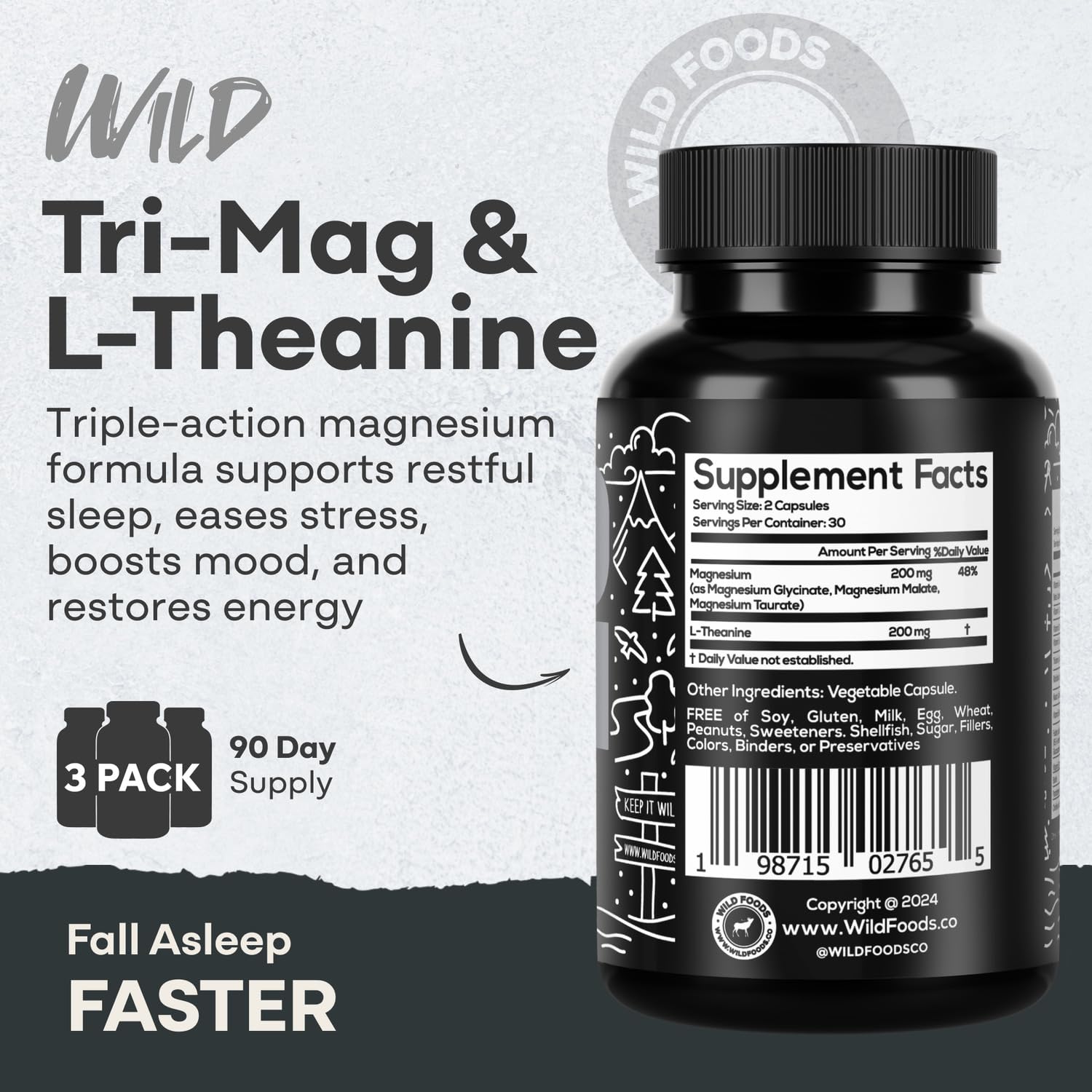 Wild Foods Magnesium Complex Supplement with 7X Forms, 90 Capsules | High Absorption, Full Spectrum, Easy Digestion | 500mg Glycinate, Bisglycinate, Malate, Orotate, Citrate, Taurate Nirvana Guru