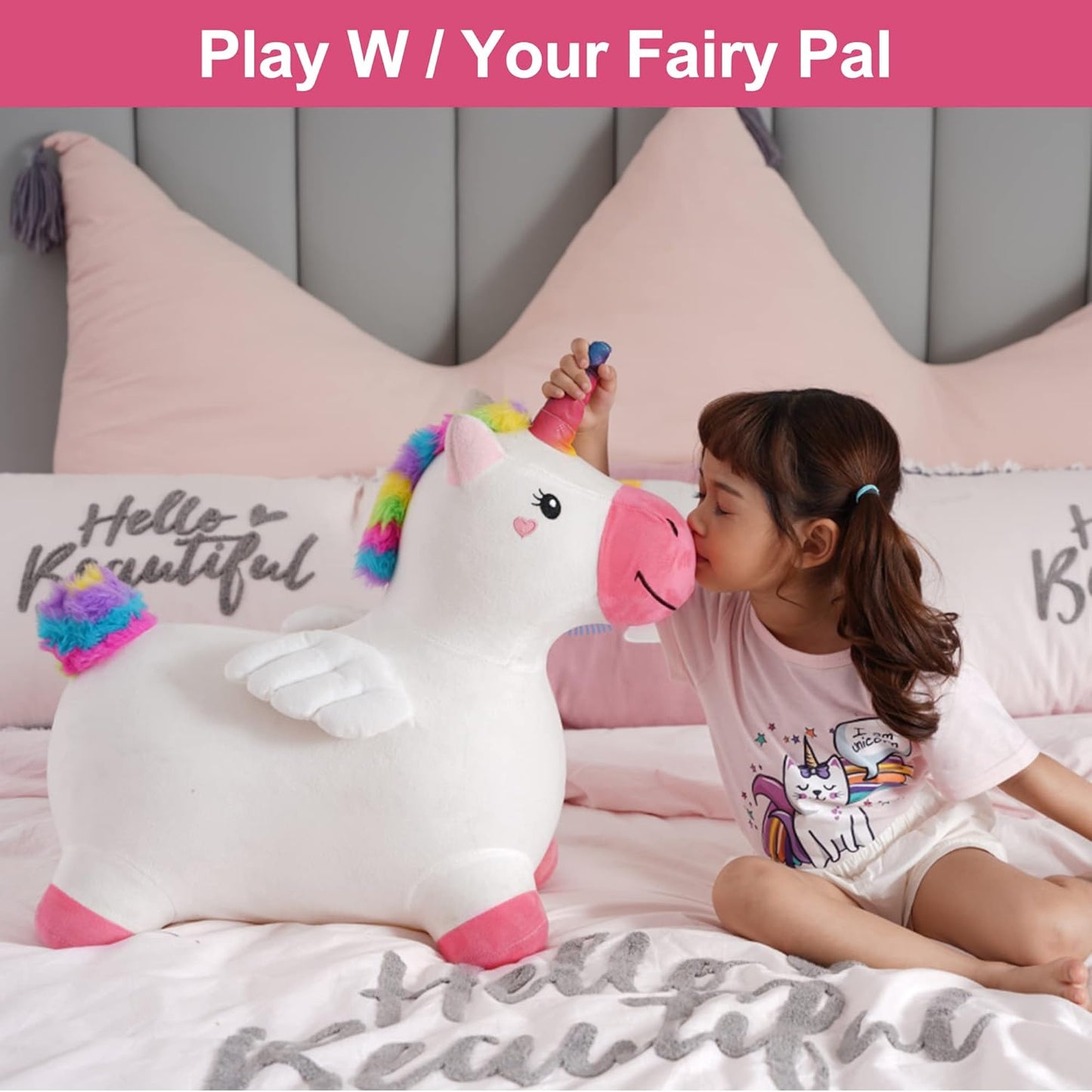 iPlay, iLearn Bouncy Pals Hopping Unicorn Horse, Toddler Girl Inflatable Bouncing Animal Hopper Toy, Outdoor Indoor Plush Ride on Bouncer, Baby Birthday Gift 18 Month 2 3 4 Year Old Kid - Unicorn Nirvana Guru