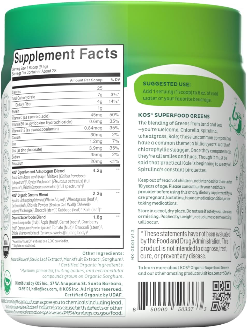 KOS Organic Super Greens Powder Erythritol Free - Plant Based Superfood Blend with Spirulina, Chlorella & Wheatgrass - USDA Certified Organic, Green Juice Smoothie - Apple Flavor - 28 Servings - Nirvana Guru