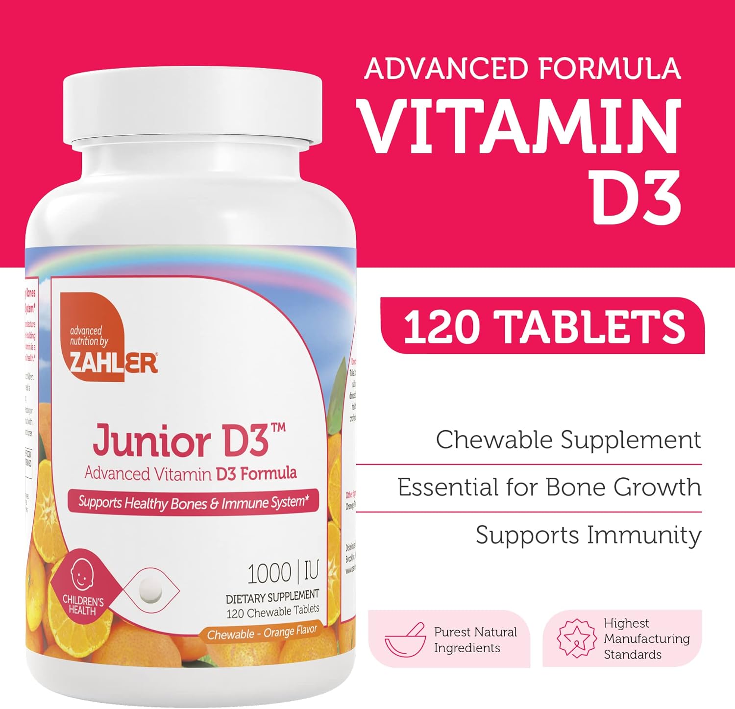 Zahler Junior D3 Vitamins 1000 IU - for Kids - Vitamin D for Kids to Support Bone, Teeth & Immune Health - Kosher Orange Flavor - 120 Count. - Nirvana Guru