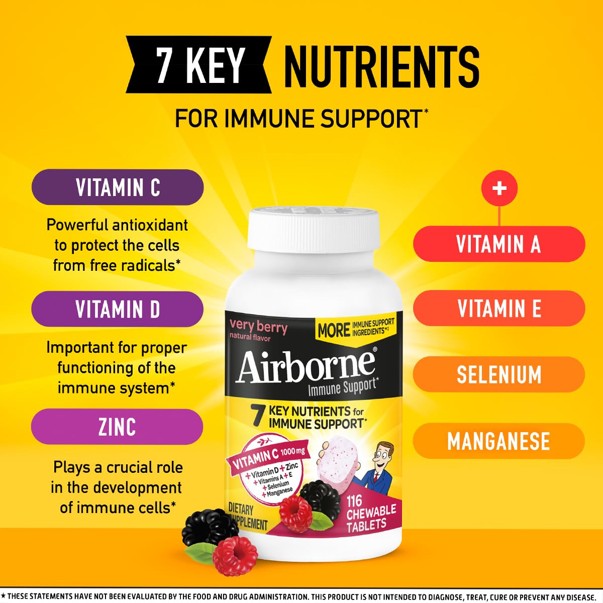 Airborne 1000mg Vitamin C + Zinc Immune Support Supplement Chewable Tablets, Very Berry Flavor with Powerful Antioxidants Vitamins A C & E, 116 Chewable Tablets (2 Pack) Nirvana Guru