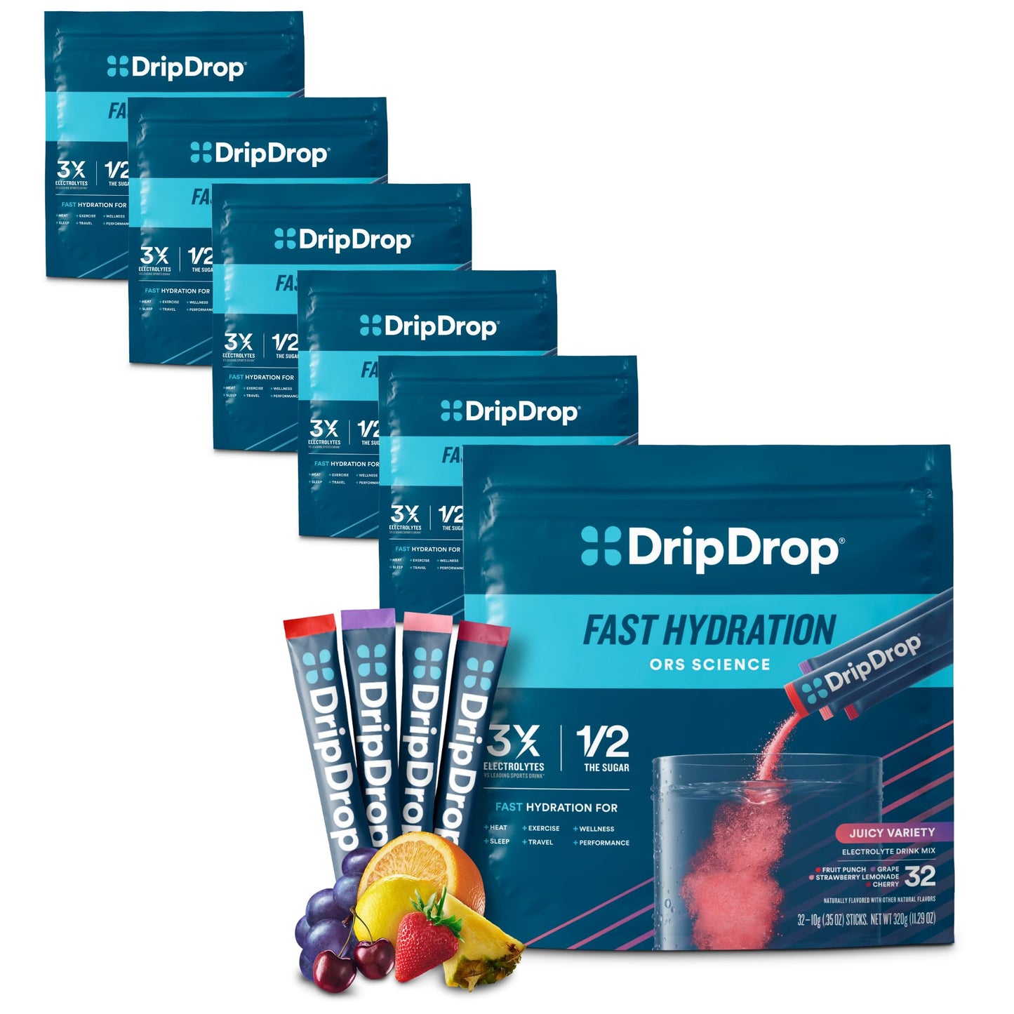 DripDrop Hydration Packets - Juicy Variety Pack - Single Serve Electrolytes Powder Drink Mix - Grape, Fruit Punch, Strawberry Lemonade, Cherry - Non-GMO, Gluten Free, Vegan - 16 Sticks - Nirvana Guru