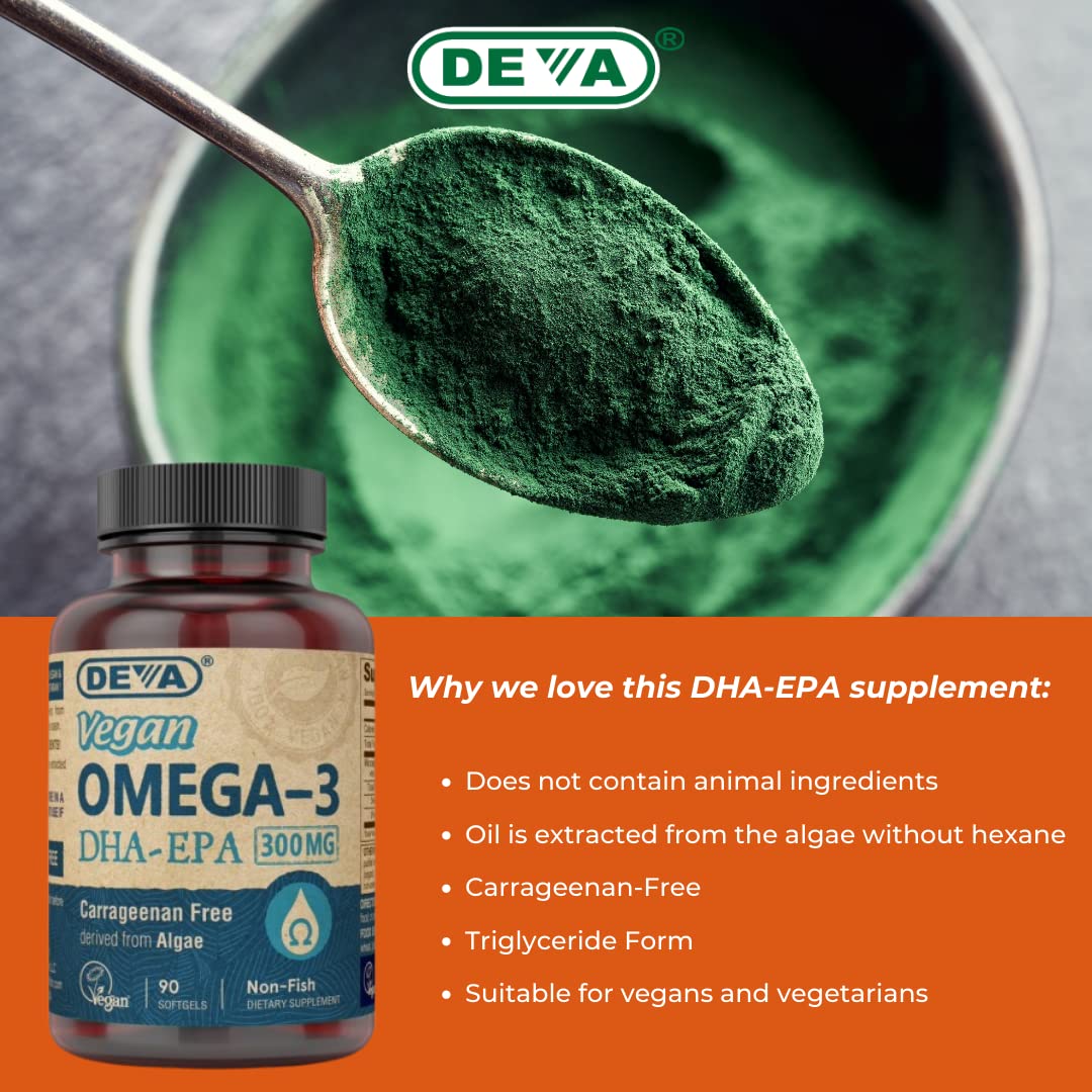 DEVA Vegan Omega-3 DHA Supplement, Once-Per-Day Softgel 200 MG, Carrageenan Free, Gelatin Free, Non-Fish, Algae Oil, Omega-3 Fatty Acids - 90 Softgels - Nirvana Guru