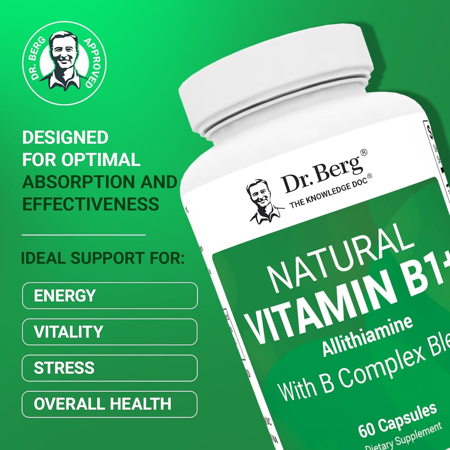 Dr. Berg Natural Vitamin B1 B6 B12 Complex - Allithiamine Vitamin B1 Supplement with 8 Essential Vitamin B Complex for Men & Women Including Thiamin, Niacin, Folate, Magnesium & More - 60 Capsules - Nirvana Guru