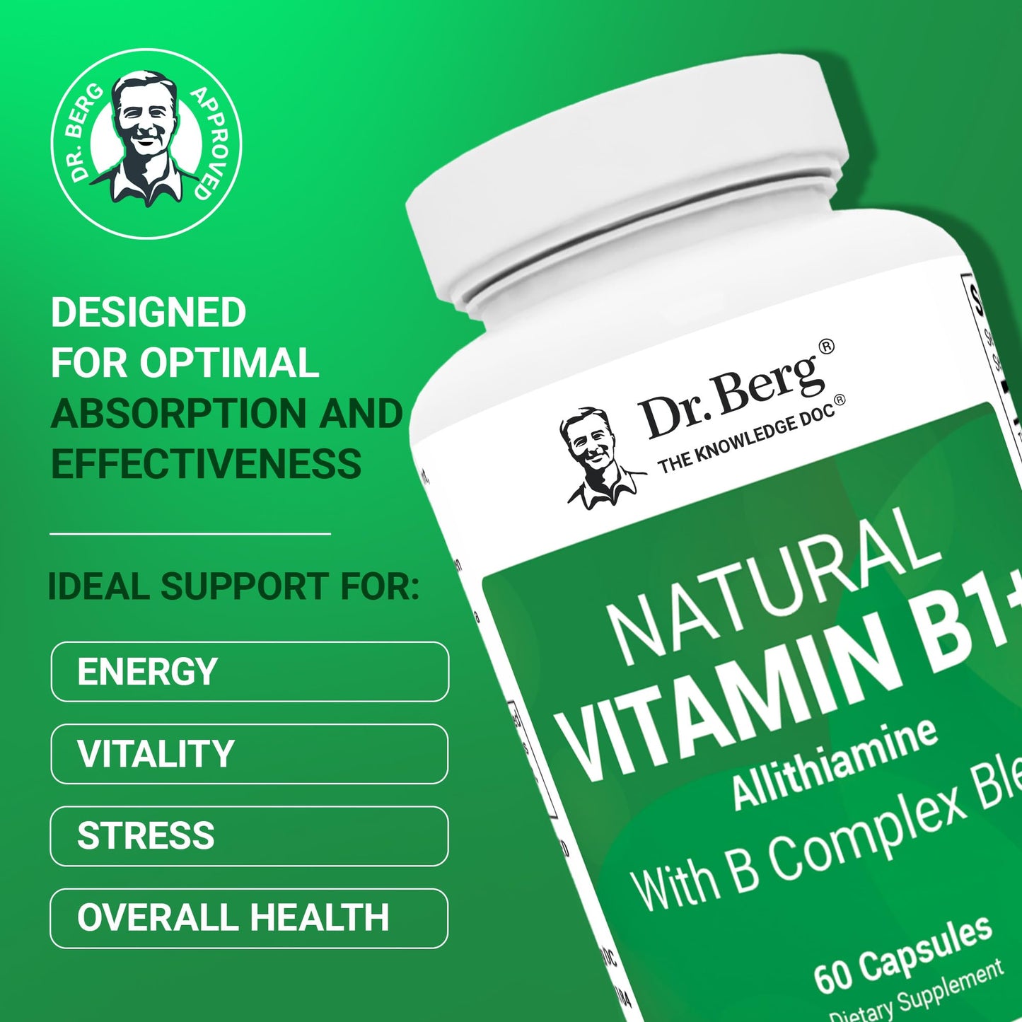Dr. Berg Natural Vitamin B1 B6 B12 Complex - Allithiamine Vitamin B1 Supplement with 8 Essential Vitamin B Complex for Men & Women Including Thiamin, Niacin, Folate, Magnesium & More - 60 Capsules - Nirvana Guru