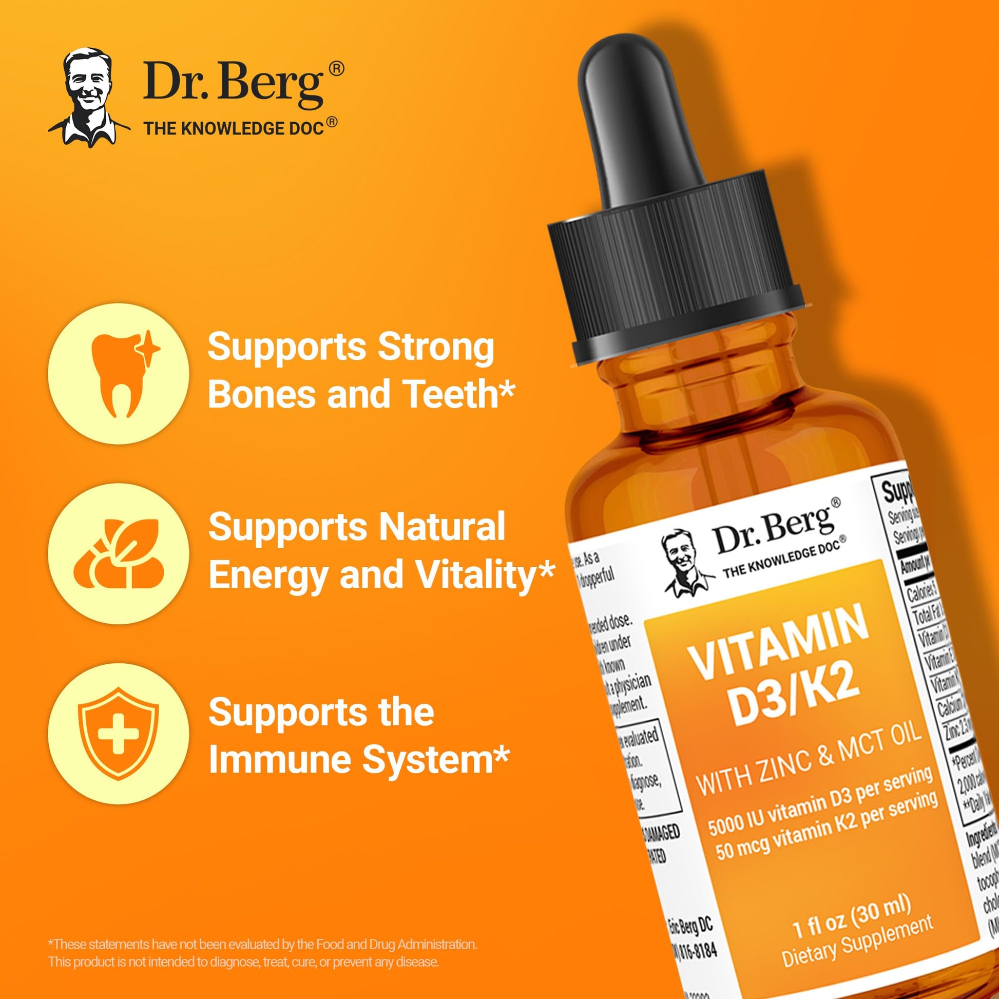 Dr. Berg Liquid Vitamin D3 & K2 Supplement with Zinc - for Bone, Teeth, Mood & Immune Health* - Vitamin D3 & K2 Drops for Adults - 1 fl oz - Nirvana Guru