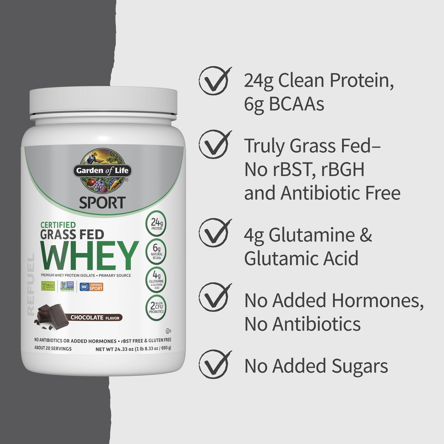 Garden of Life Sport Whey Protein Powder Chocolate, Premium Grass Fed Whey Protein Isolate Plus Probiotics for Immune System Health, 24g Protein, Non GMO, Gluten Free, Cold Processed - 20 Servings - Nirvana Guru