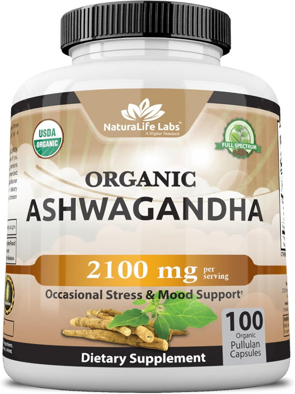 Organic Ashwagandha 2,100 mg - 100 Veggie Capsules Pure Organic Ashwagandha Powder and Root Extract - Stress Relief, Mood Enhancer