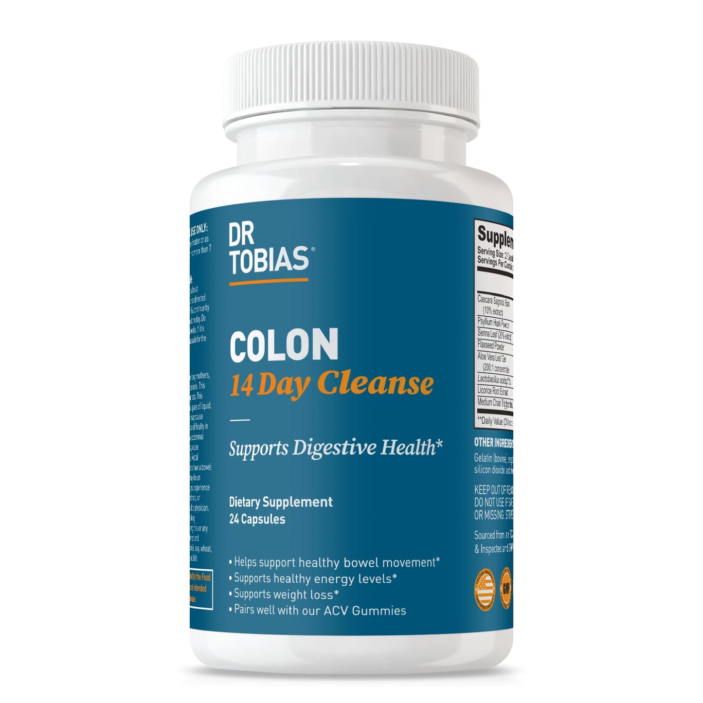 Dr. Tobias Colon 14 Day Cleanse, Advanced Gut Cleanse Detox for Women & Men with Cascara Sagrada, Psyllium Husk, Senna Leaf & Probiotics, Non-GMO Colon Cleanse, 28 Capsules 1-2 Daily