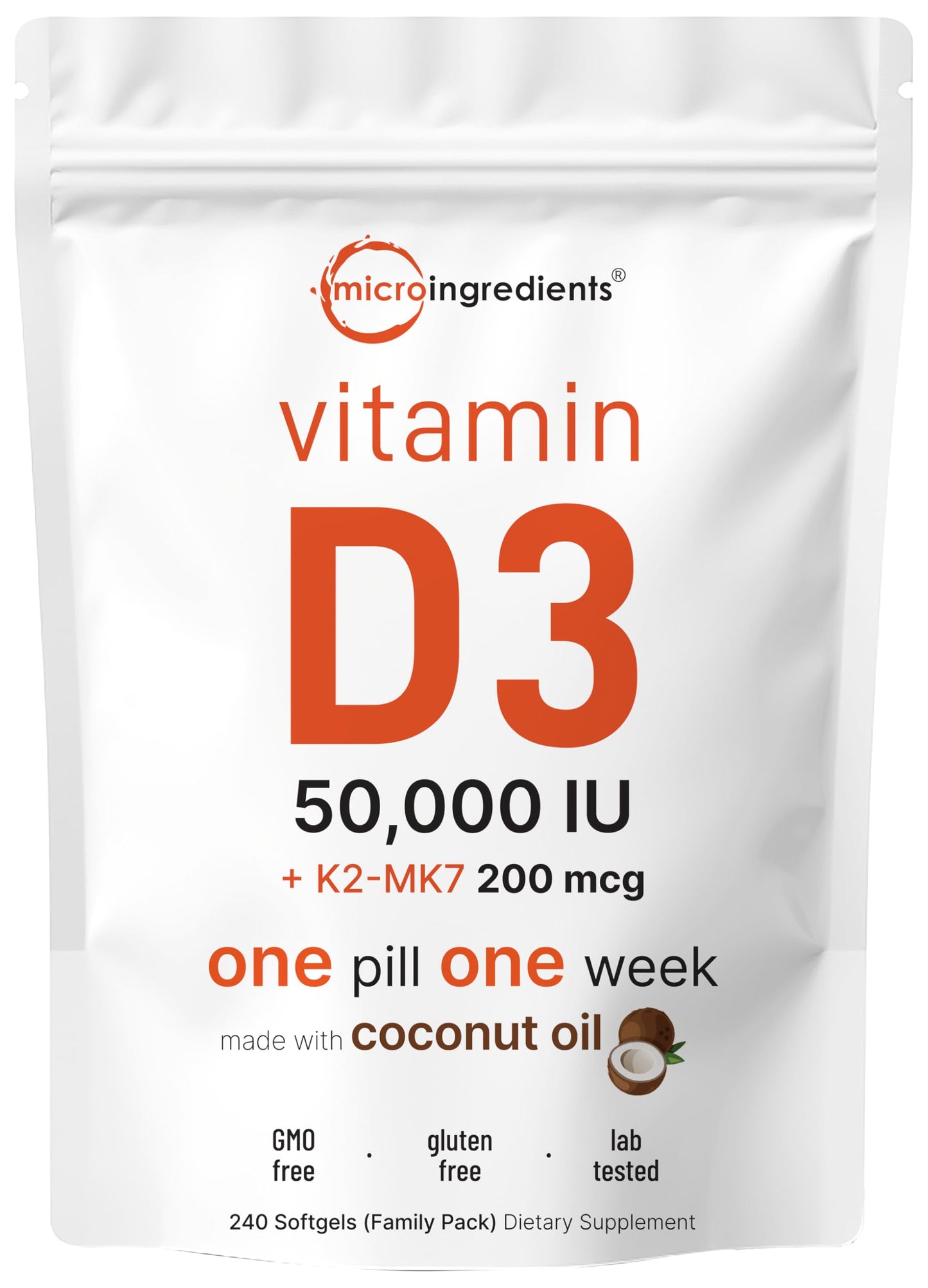 Micro Ingredients Vitamin D3 10,000 IU + K2 MK-7 200 mcg, 300 Softgels | Virgin Coconut Oil | 2-in-1 Bone, Immune & Heart Support | Easy to Swallow, Non-GMO