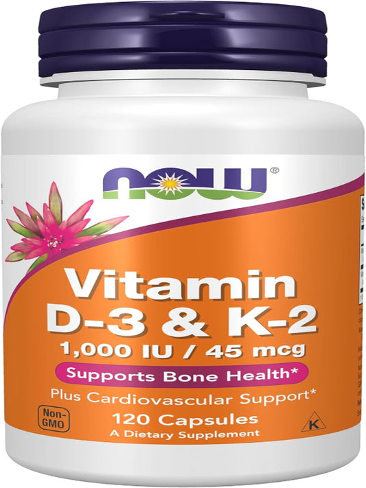NOW Supplements, Vitamin D-3 & K-2, 1,000 IU/45 mcg,Plus Cardiovascular Support*, Supports Bone Health*, 120 veg Capsules - Nirvana Guru