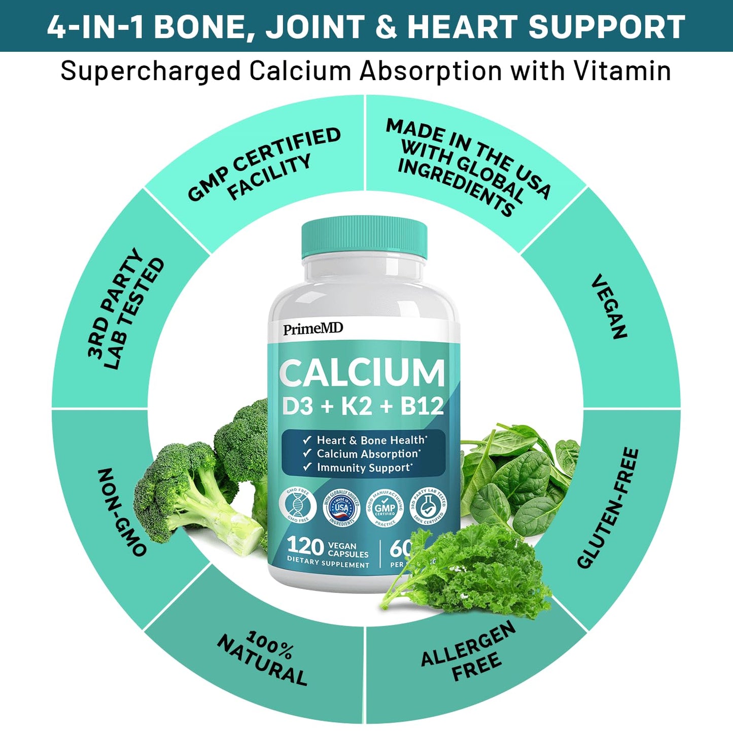 4-in-1 Calcium 1200mg with Vitamin D3 - Calcium Supplement for Women and Men with Vitamin K2 B12 5000 IU - Extra Strength Calcium Citrate for Bone and Heart Support (120ct) Nirvana Guru