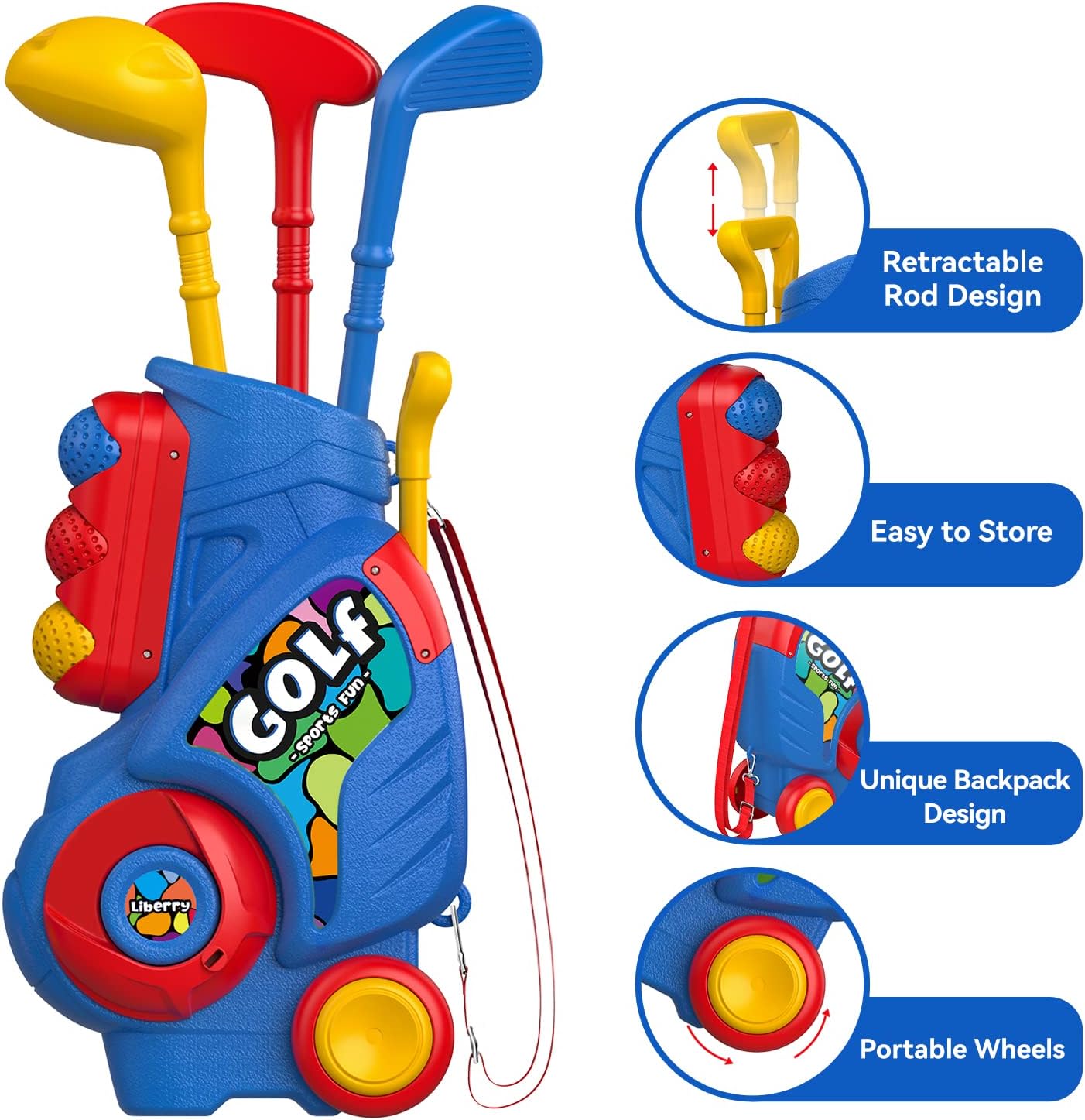 Liberry Toddler Golf Set with Putting Mat for 2 3 4 5 Years Old Boys Girls, Upgraded Kids Golf Cart with Unique Shoulder Strap Design, Indoor and Outdoor Golf Toys Nirvana Guru