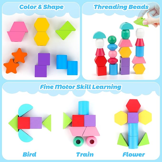 Montessori Wooden Beads Sequencing Toy Set, Stacking Blocks & Lacing Beads & Matching Shape Stacker for 2 3 4 5 Year Old STEM Preschool Learning Montessori Toys Gifts for Kids Boy Girl Toddler nirvanaguru