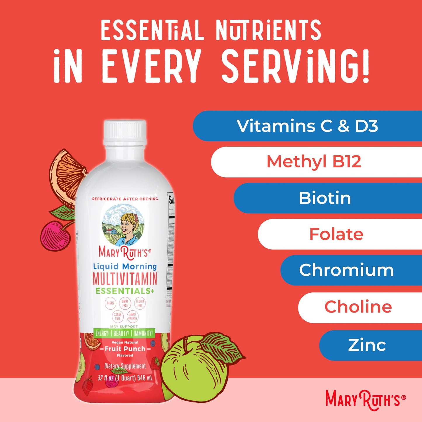 MaryRuth's Liquid Morning Multivitamin Essentials+ | Vitamin A C D E B6 B12 Biotin Zinc | Mens Womens Multivitamin | Immune Support | Beauty | Sugar Free | Vitamins for Ages 1+ | Vegan | 32 Fl Oz - Nirvana Guru
