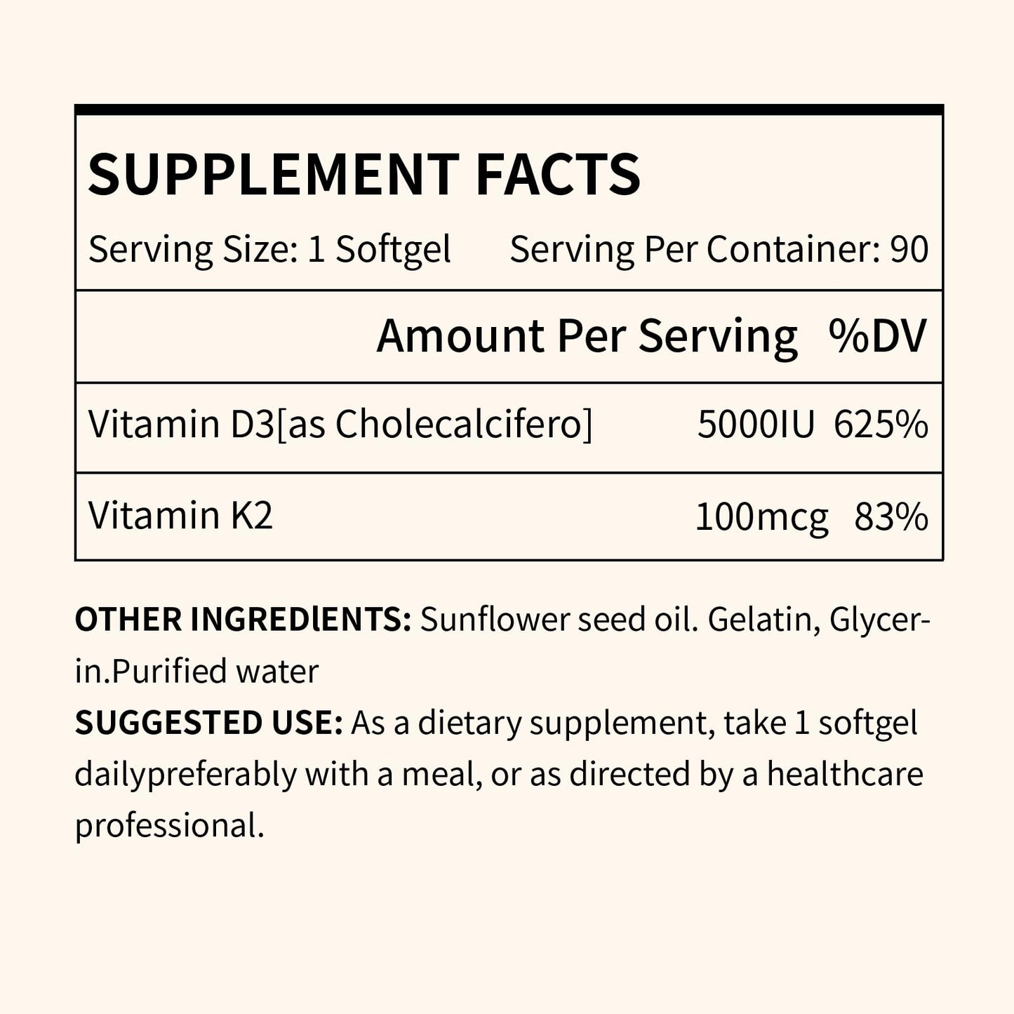 Misspep Vitamin D3 K2, 5000 IU D3 and 100 mcg K2 (MK-7), with Sunflower Oil Softgels, 90 Softgels, 2-in-1 Formula, Easy to Absorb and Swallow (1 Bottle)