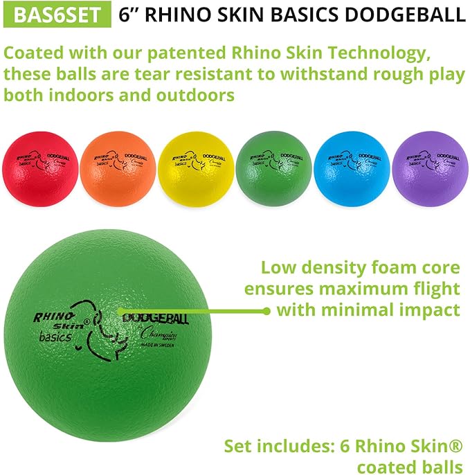 Champion Sports Rhino Skin Dodgeball Set – 6 Soft Foam Dodgeballs with Tear-Resistant Coating, Grip Surface, Low Bounce, Mesh Bag, Indoor & Outdoor Playground or PE Class Ball Set – 6” or 7” Nirvana Guru