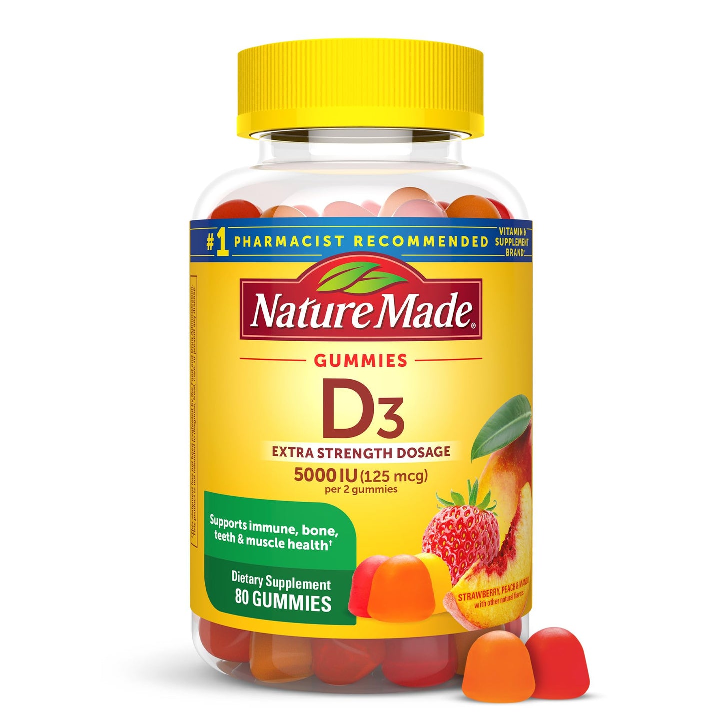 Nature Made Extra Strength Vitamin D3 5000 IU (125 mcg) per serving, Dietary Supplement for Bone, Teeth, Muscle and Immune Health Support, 150 Gummies, 75 Day Supply - Nirvana Guru