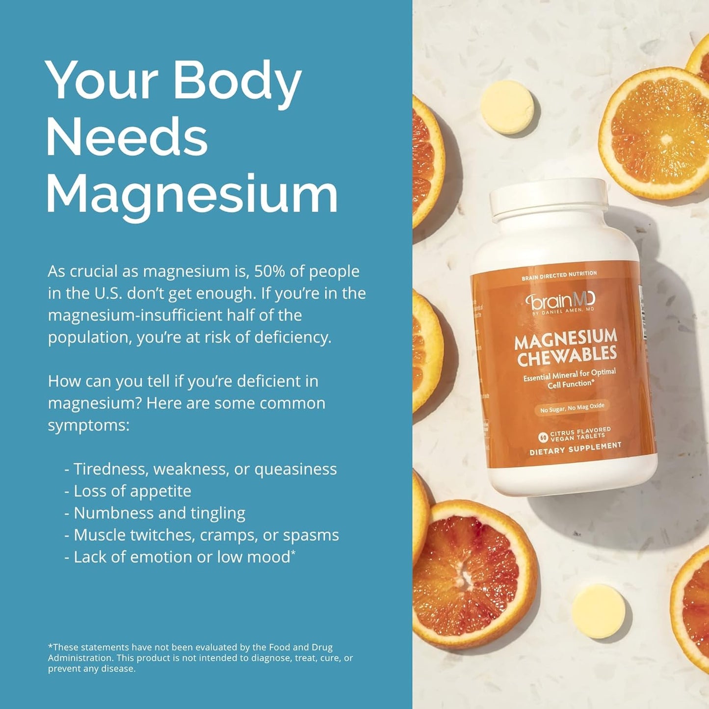 BRAINMD Dr Amen Magnesium Chewables, Citrus - 60 Chewable Tablets - Essential Mineral for Optimal Cell Function - Supports Memory & Focus - Gluten Free - 60 Servings Nirvana Guru