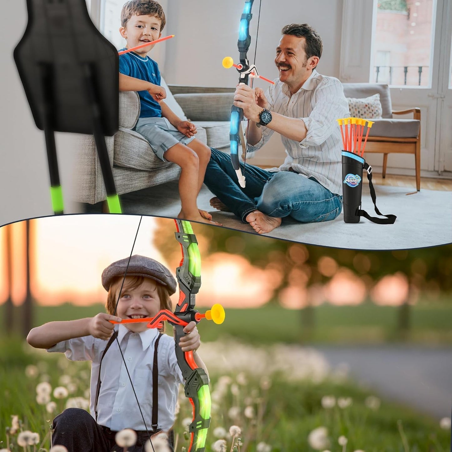 Bow and Arrow Set for Kids, 2-Pack LED Light Up Archery Set with 20 Suction Cup Arrows, Indoor and Outdoor Toy for Boys Girls Age 4-8 8-12 with Standing Target&2 Quivers, Birthday Gift 3-12 Years Old Nirvana Guru
